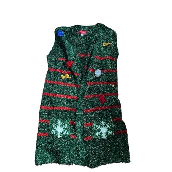 Blizzard Bay Tacky Christmas Long Sweater Vest Tinsel Green Red Embellishment M - Picture 8 of 9